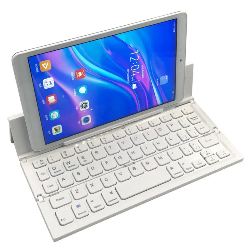 Black folding wireless Bluetooth keyboard for tablets with aluminium bottom and wrist support