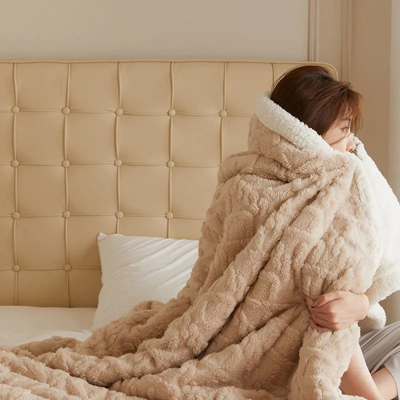 Polyester thermal flannel winter blanket in beige colour showing taffeta weave texture