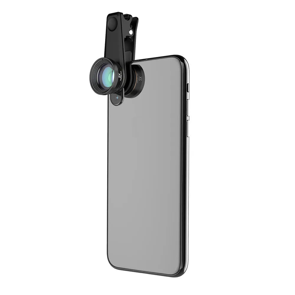 Black 6-in-1 smartphone lens kit with fisheye, wide angle, macro, telephoto, CPL and star filters on universal mounting clip