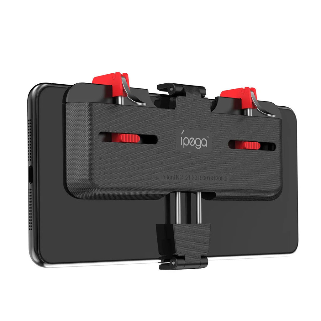 Black mobile phone game controller with adjustable metal trigger and telescopic fixing clip extended.