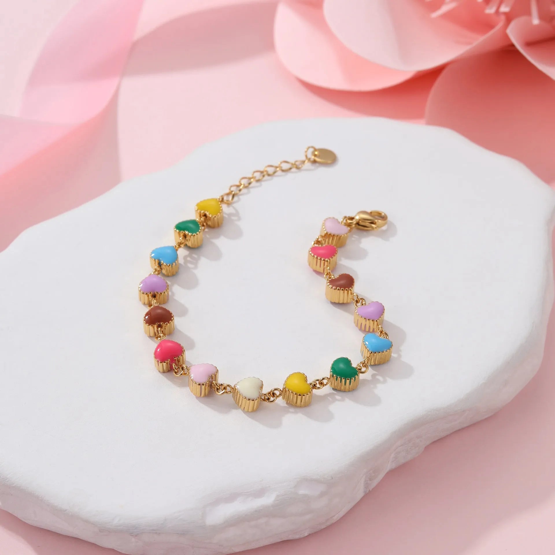 Women's stainless steel bracelet with heart pendant and colourful oil necklace elements