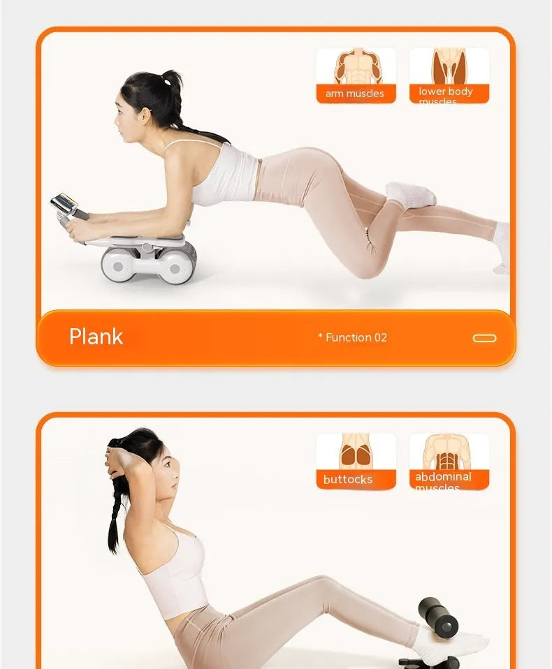 White fitness roller with LCD screen for belly contracting and calorie counting workouts