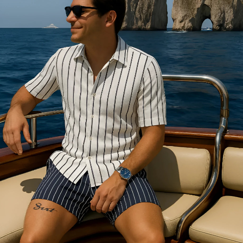 Men's light mature style beach shirt and shorts set in four-sided elastic fabric