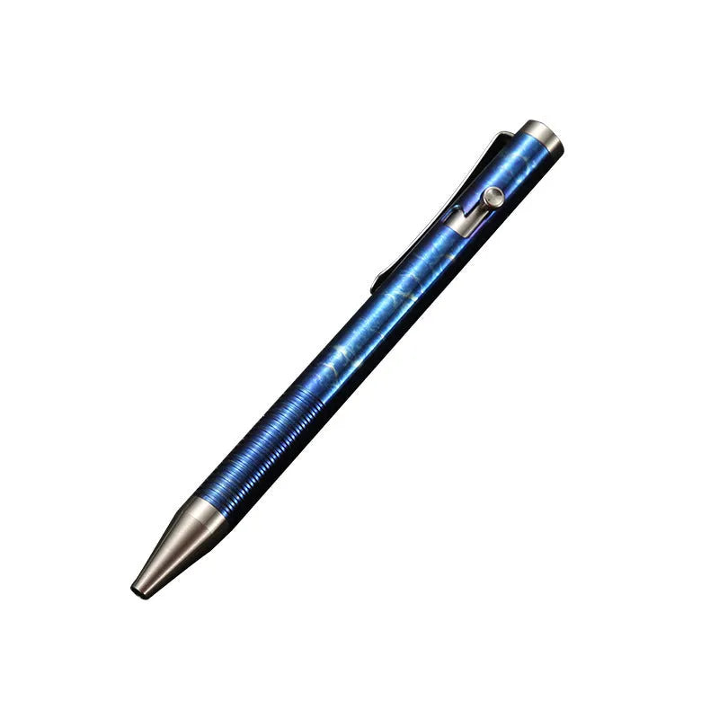 Titanium alloy ball pen with gun bolt handle and iridescent magic colour phantom finish.