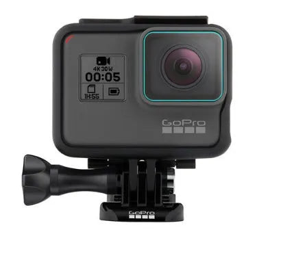 GoPro Hero camera with transparent tempered glass lens protector and LCD screen protector applied.