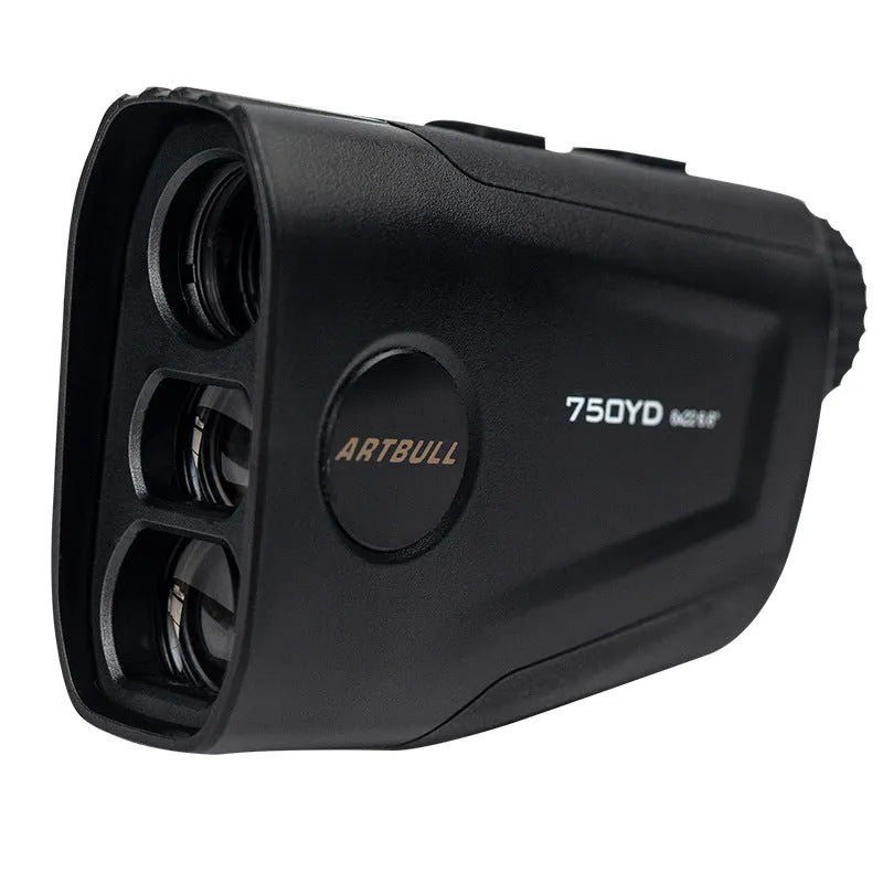 Rechargeable golf laser rangefinder distance meter showing LCD display with yard measurement