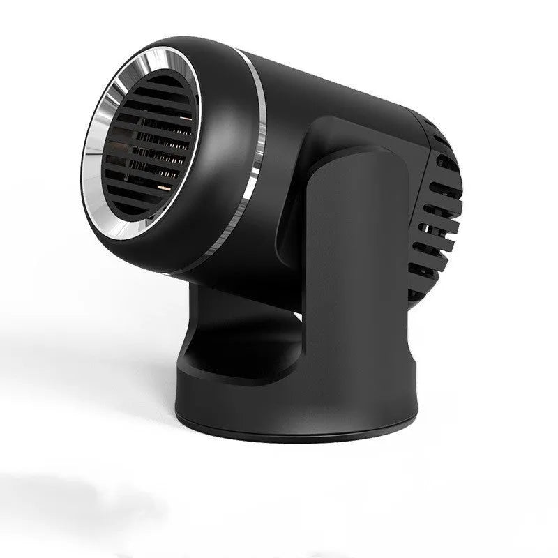 Black and white 12V car heater with dual hot cold settings for vehicle defrosting and climate control