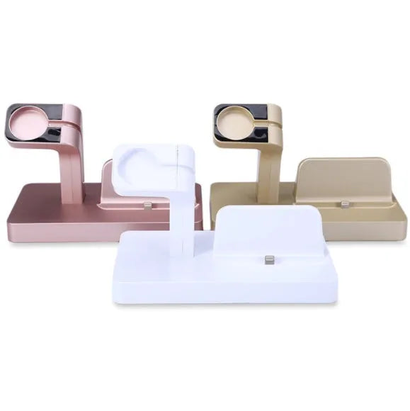 White 2-in-1 desktop charging dock station holding an iPhone and an Apple Watch.