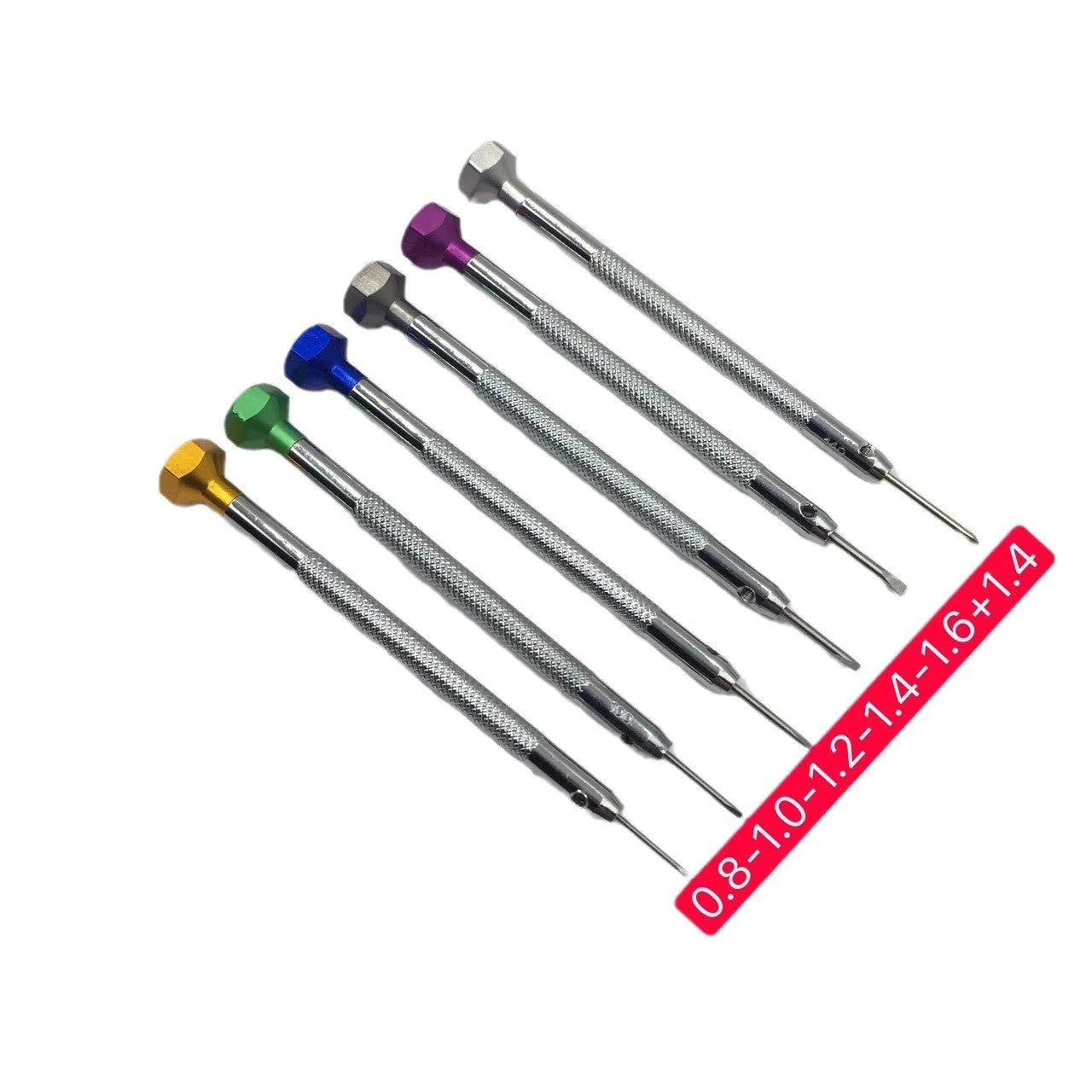 Six colour-coded watch repair screwdrivers with copper handles arranged in aluminium case
