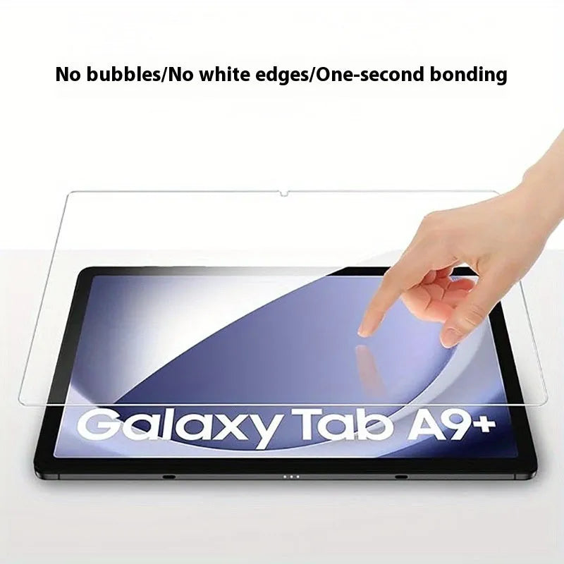 Samsung Galaxy tablet with tempered glass screen protector showing HD clarity and edge-to-edge coverage