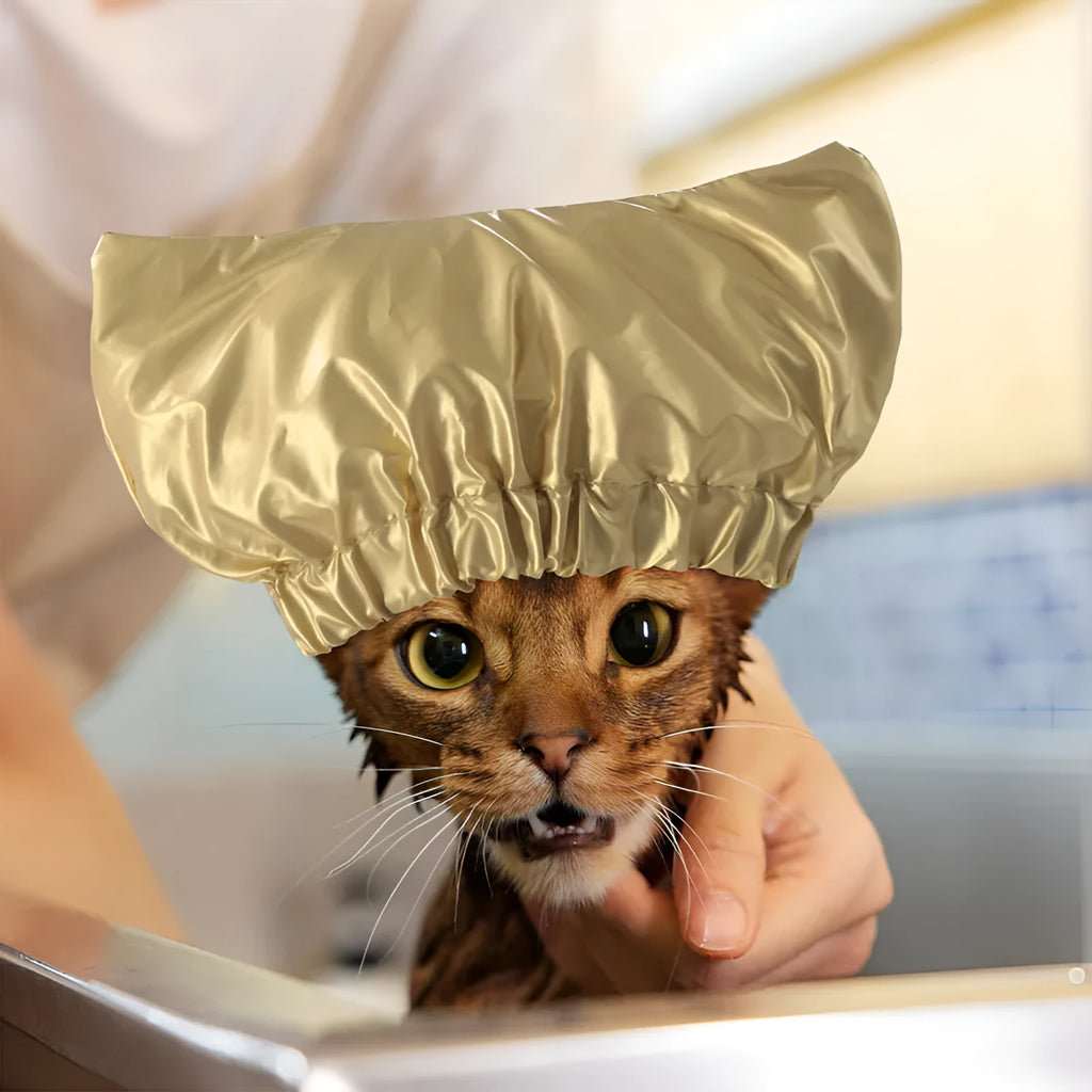 Pet shower cap with adjustable ear holes in gold colour for dog bath protection