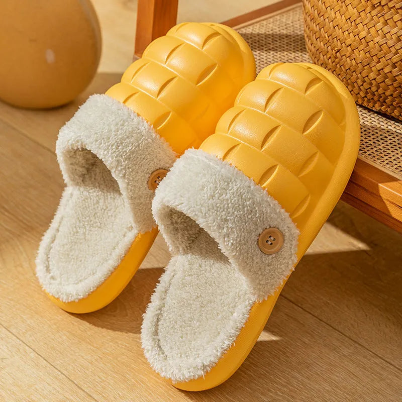 Plaid patterned detachable EVA slippers for women with plush lining and anti-skid sole.