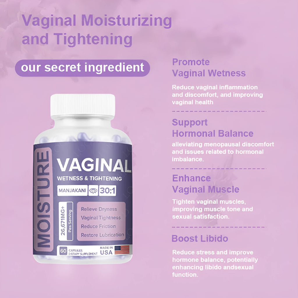 Bottle of vaginal capsule supplement containing 60 capsules for adult women