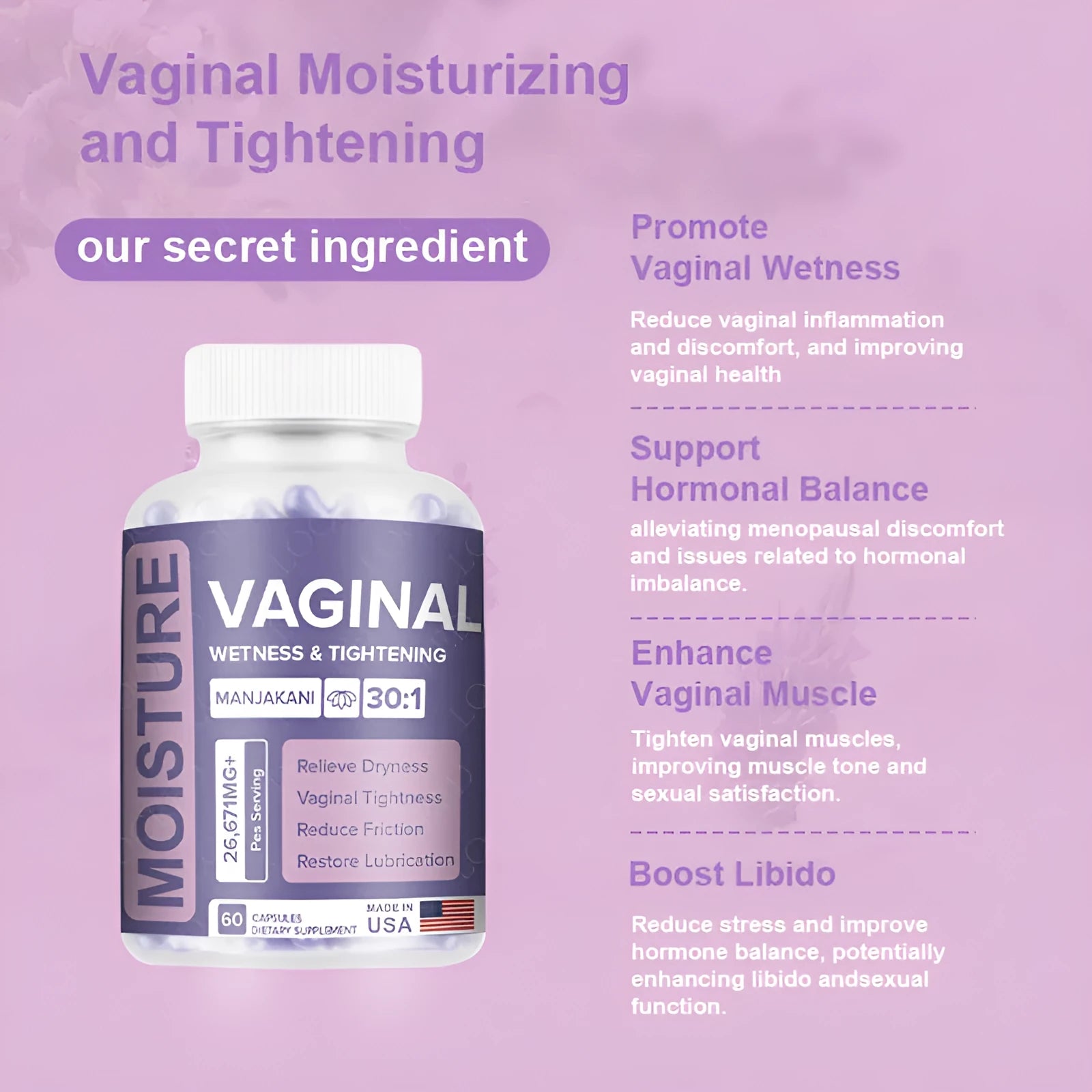 Bottle of vaginal capsule supplement containing 60 capsules for adult women