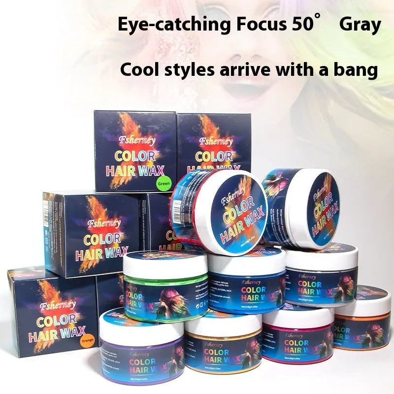 120g hair styling clay container showing colour options including blue, green, orange, purple, red, and grey