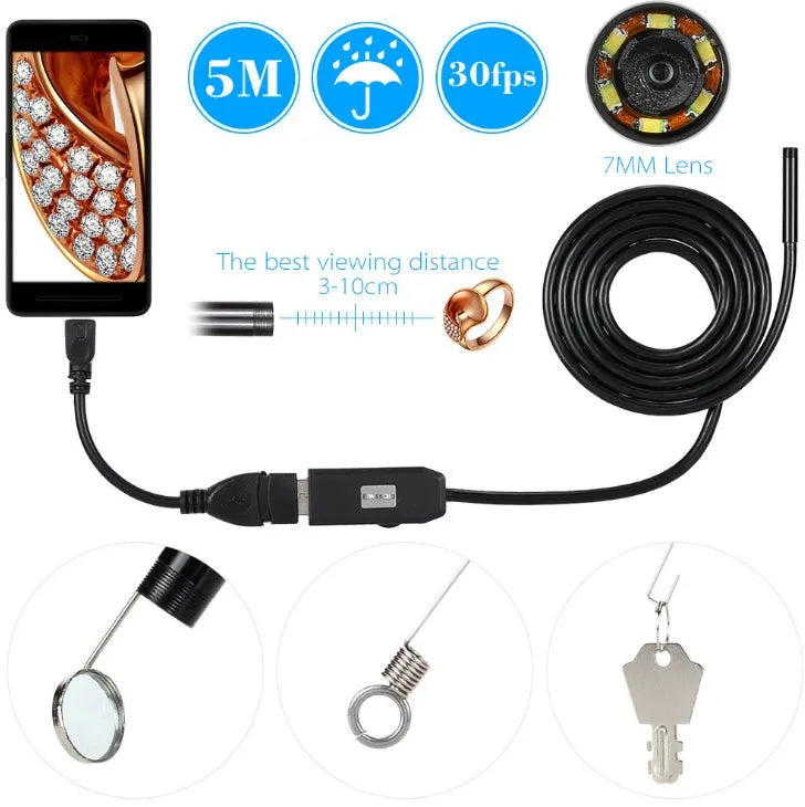 OWSOO USB endoscope camera with 5m cable, magnetic tip, hook, and side mirror for phone and PC inspection.