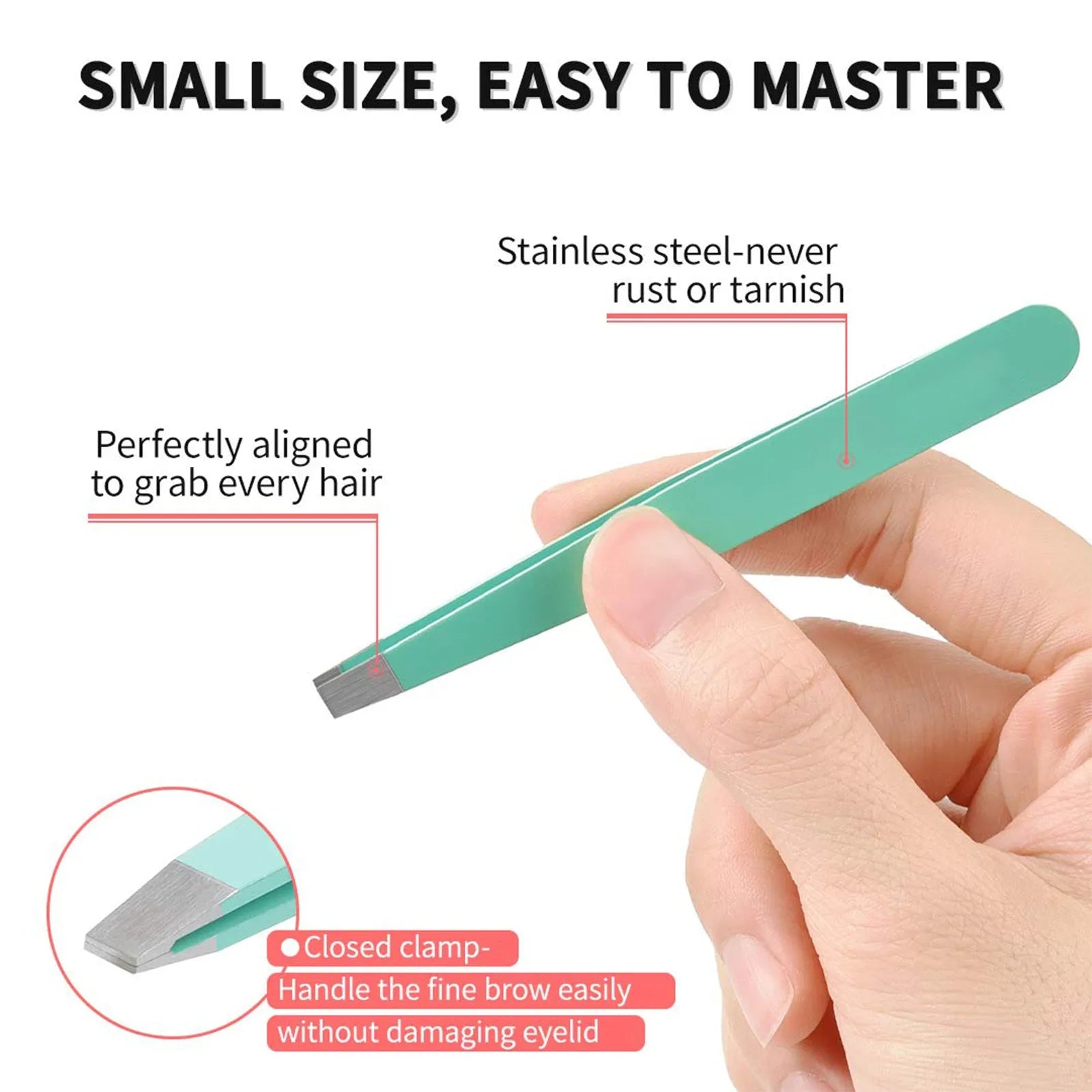 Professional stainless steel eyebrow tweezers set with curved scissors, brush, and leather case.