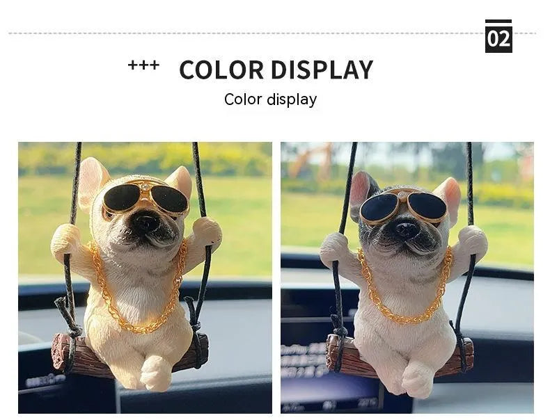 Resin cartoon bulldog car hanging ornament for a rearview mirror in various colours.