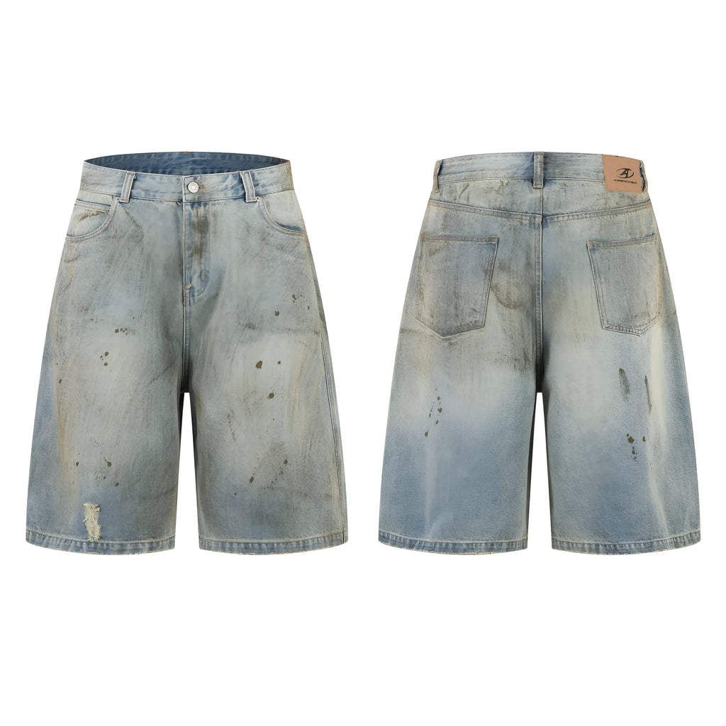Washed blue straight-leg denim trousers with mid-length cut and zipper fly closure