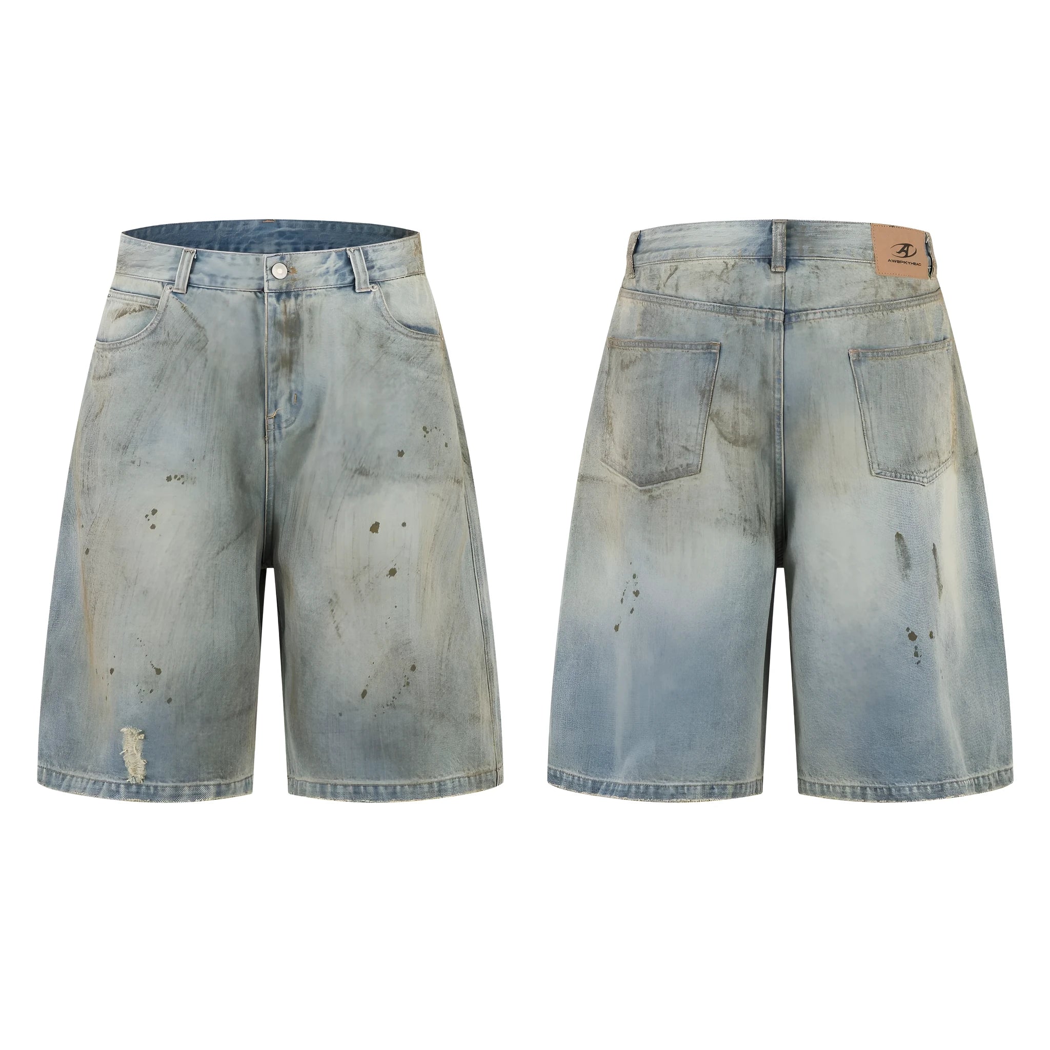 Washed blue straight-leg denim trousers with mid-length cut and zipper fly closure