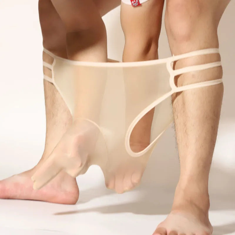 Men's transparent elephant nose shorts in nylon, shown in free size and multiple colour options.