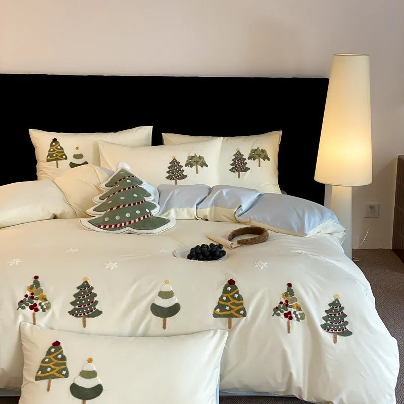 Christmas tree towel embroidery on pure cotton bedding set with botanical patterns