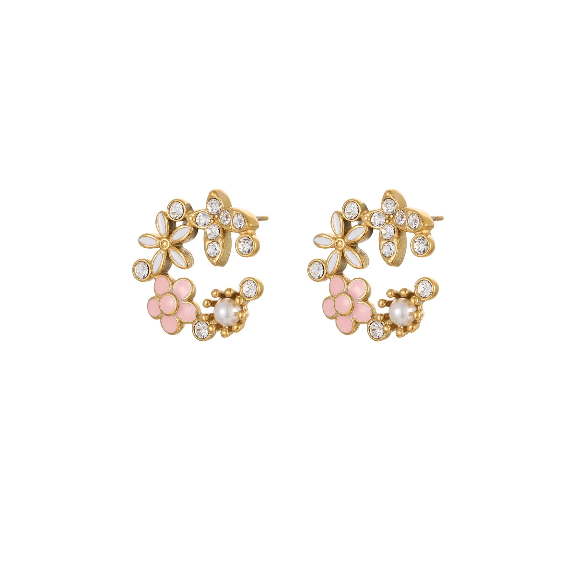 Colourful flower stud earrings with petal design on stainless steel posts