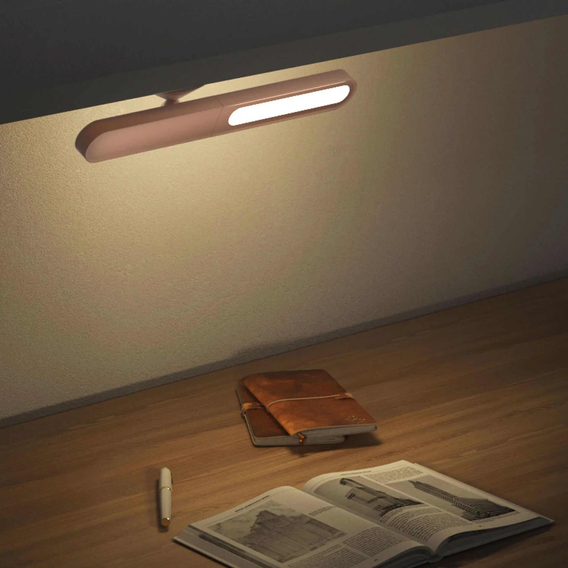 White geometric desk lamp with USB cable and magnetic base for wall mounting.
