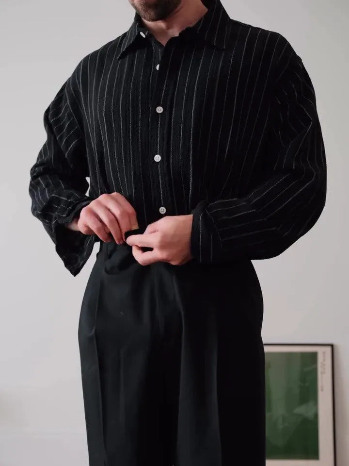 Black pinstriped regular fit button-down long sleeve shirt for men.