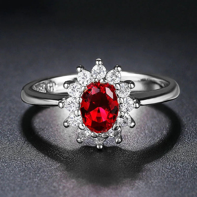 Women's floral copper ring with electroplated blue moissanite colour and zirconium detailing.