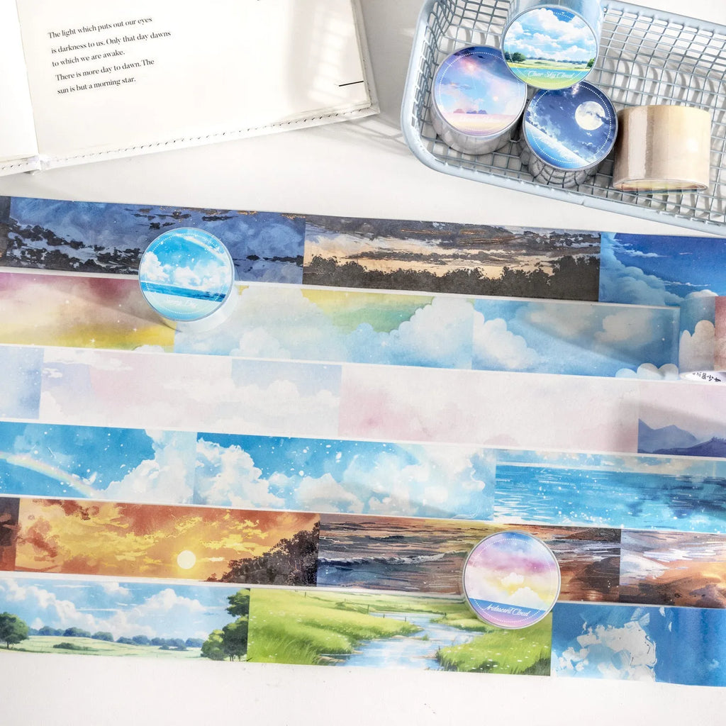 Roll of 30mm Japanese paper tape featuring sky themes like moonlight and clouds for journal decoration