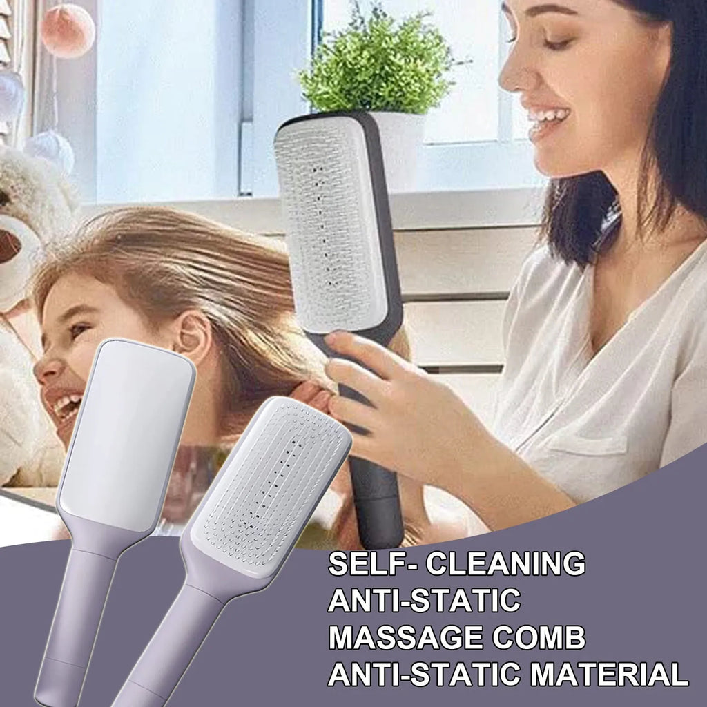 Roland purple self-cleaning hair brush with rotating handle and anti-static massage bristles.