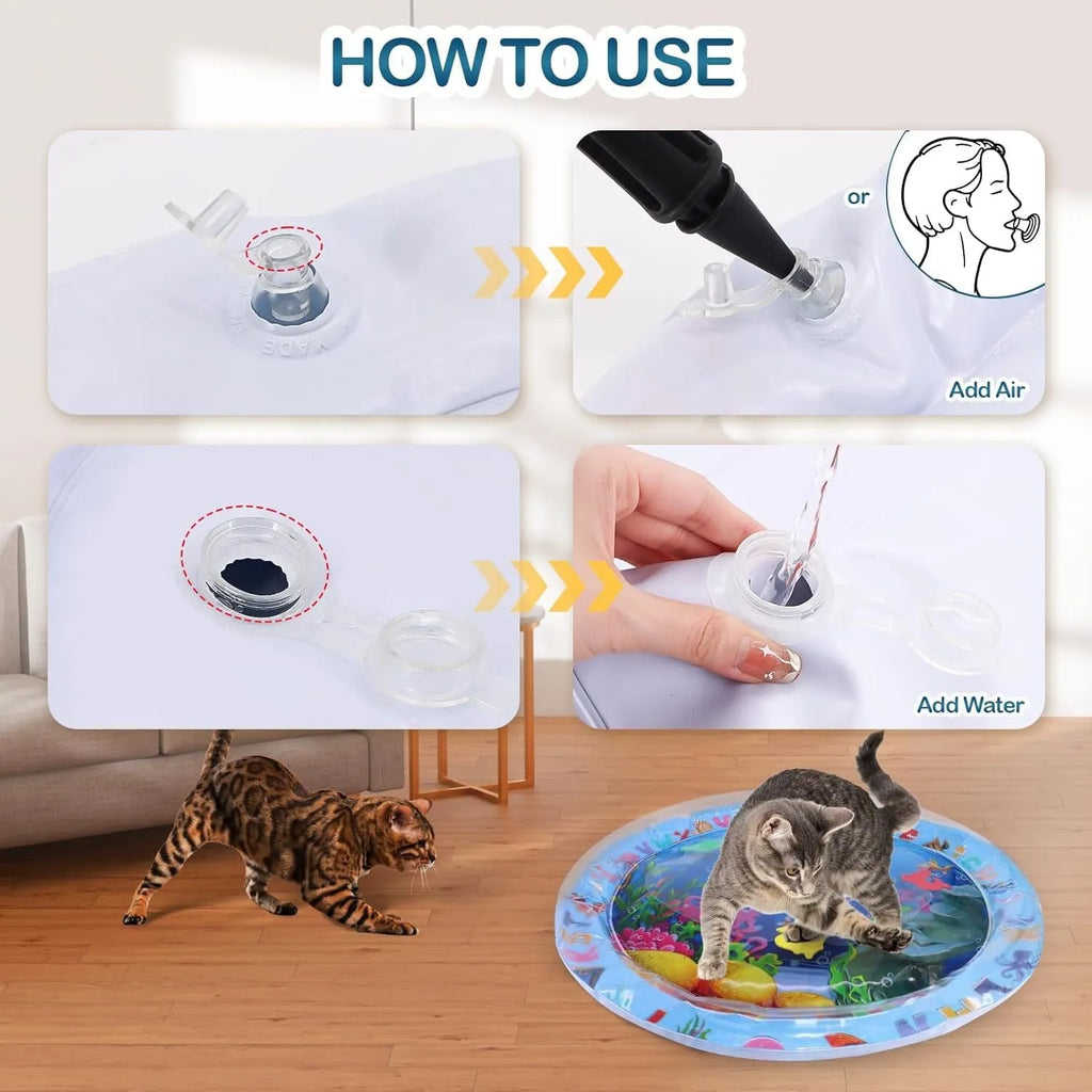 Square blue ocean-themed PVC water play mat for cats with floating fish toys inside, shown on a floor.