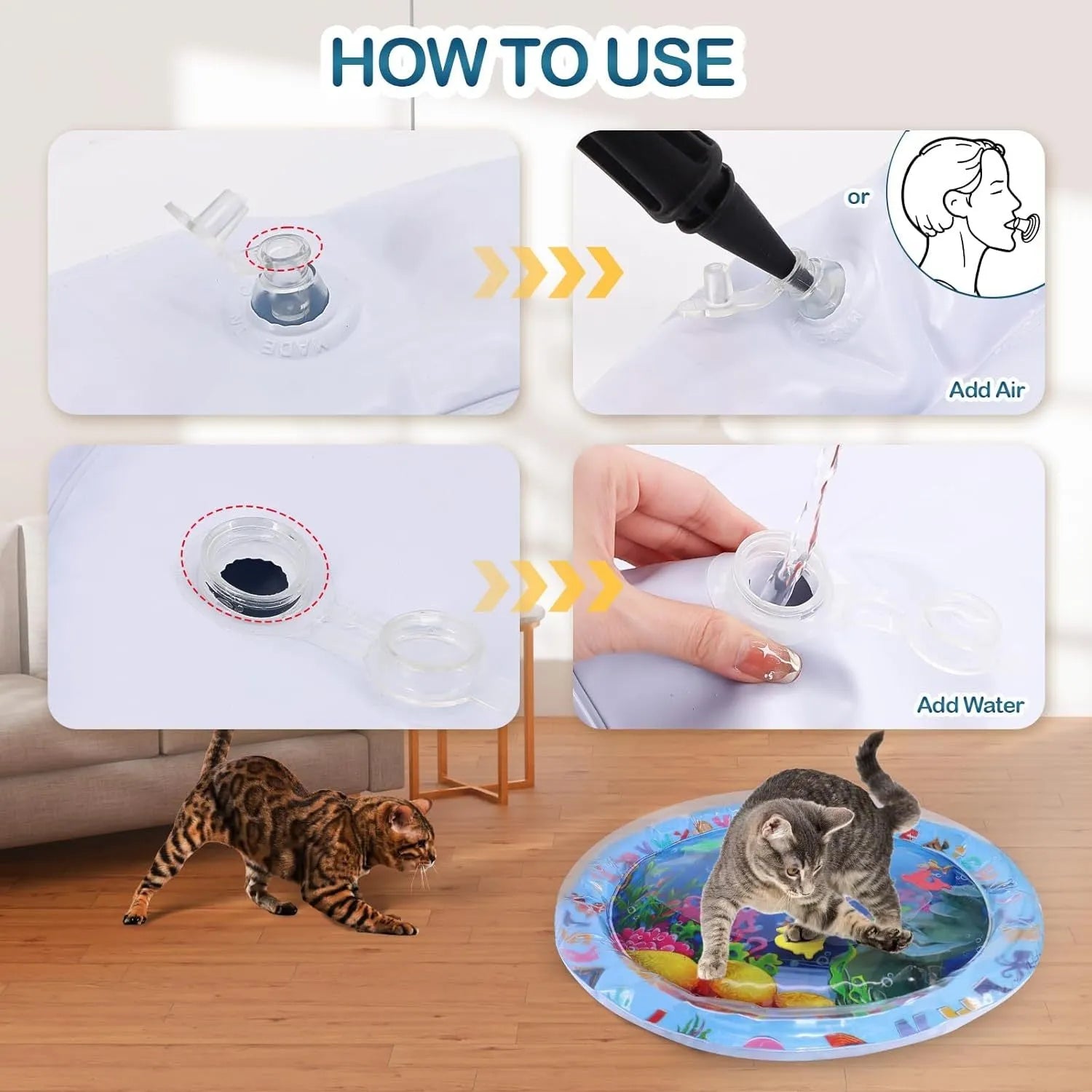 Square blue ocean-themed PVC water play mat for cats with floating fish toys inside, shown on a floor.