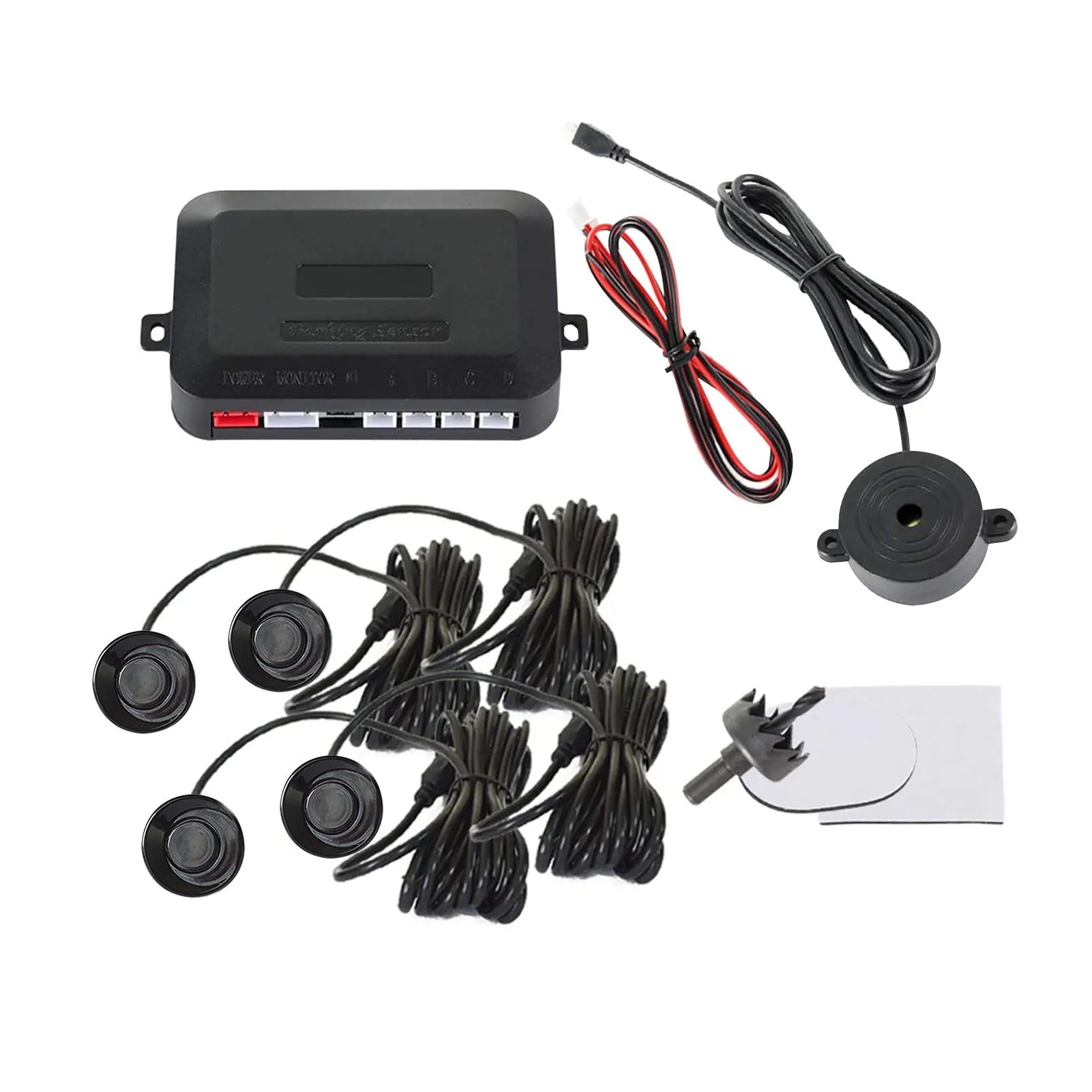 4-probe car reversing radar system with buzzer module, sensors, and installation tools