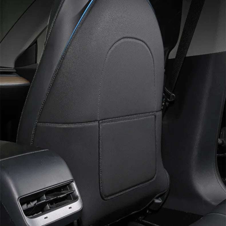 Black leather rear seat anti-kick pad with single pocket, dimensions 68cm by 42cm