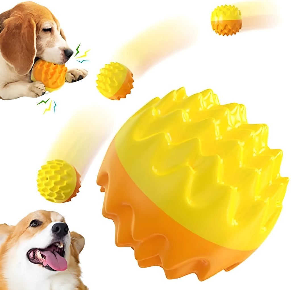 Blue squeaky dog ball toy with spiky texture for dental cleaning and water fetch