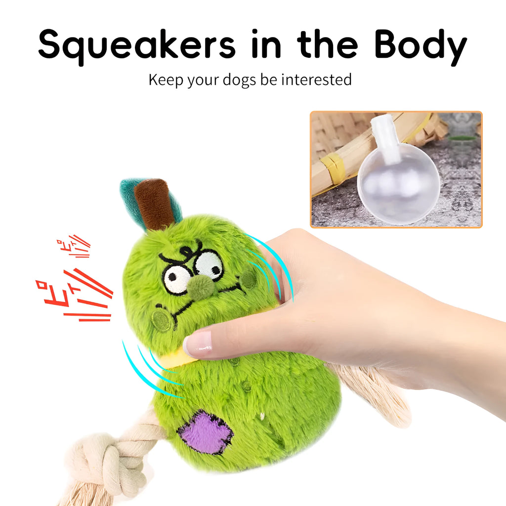Interactive plush rope knot dog toy in green or purple for tug of war and teeth cleaning