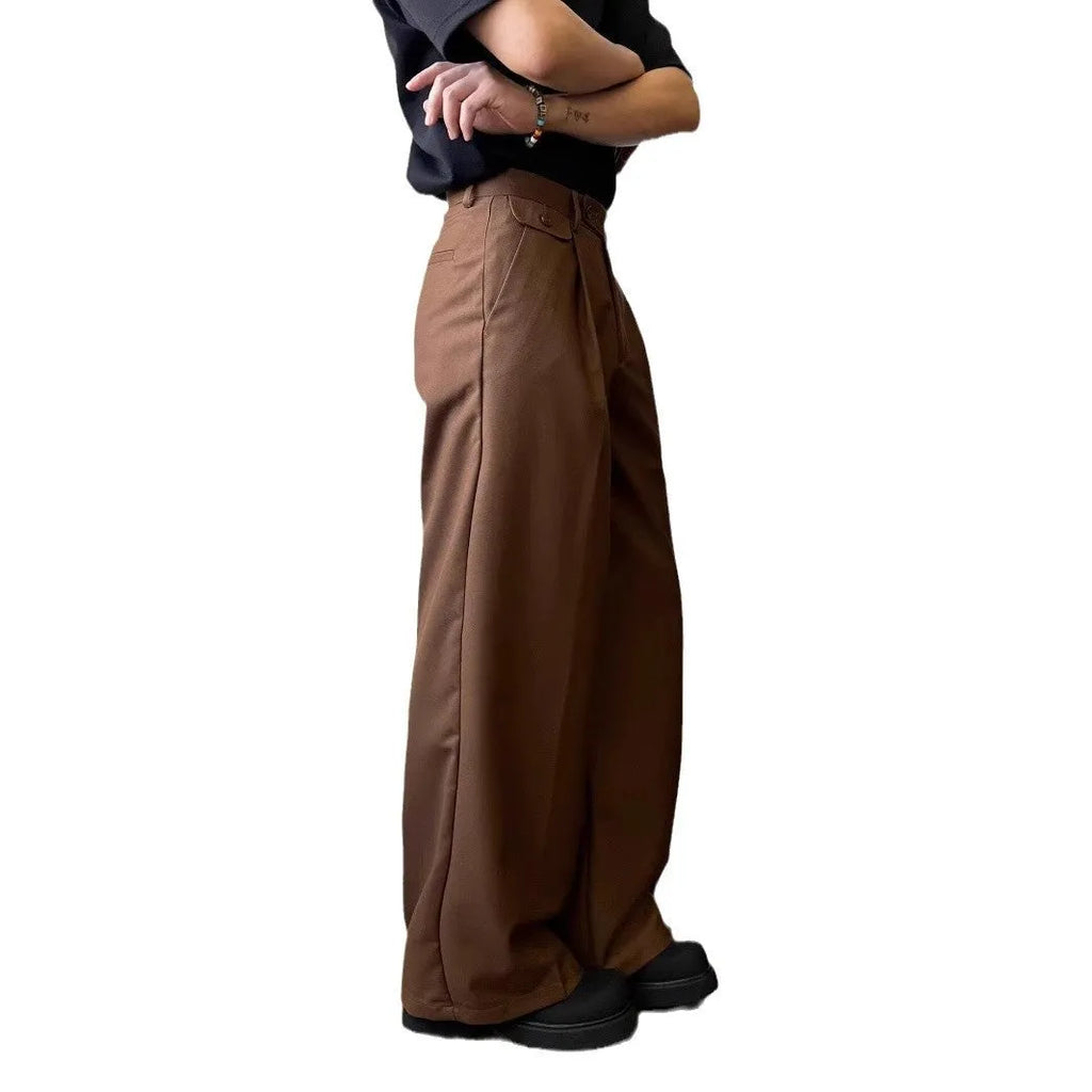 Man wearing brown straight-leg loose wide-leg casual suit pants made from polyester blend fabric