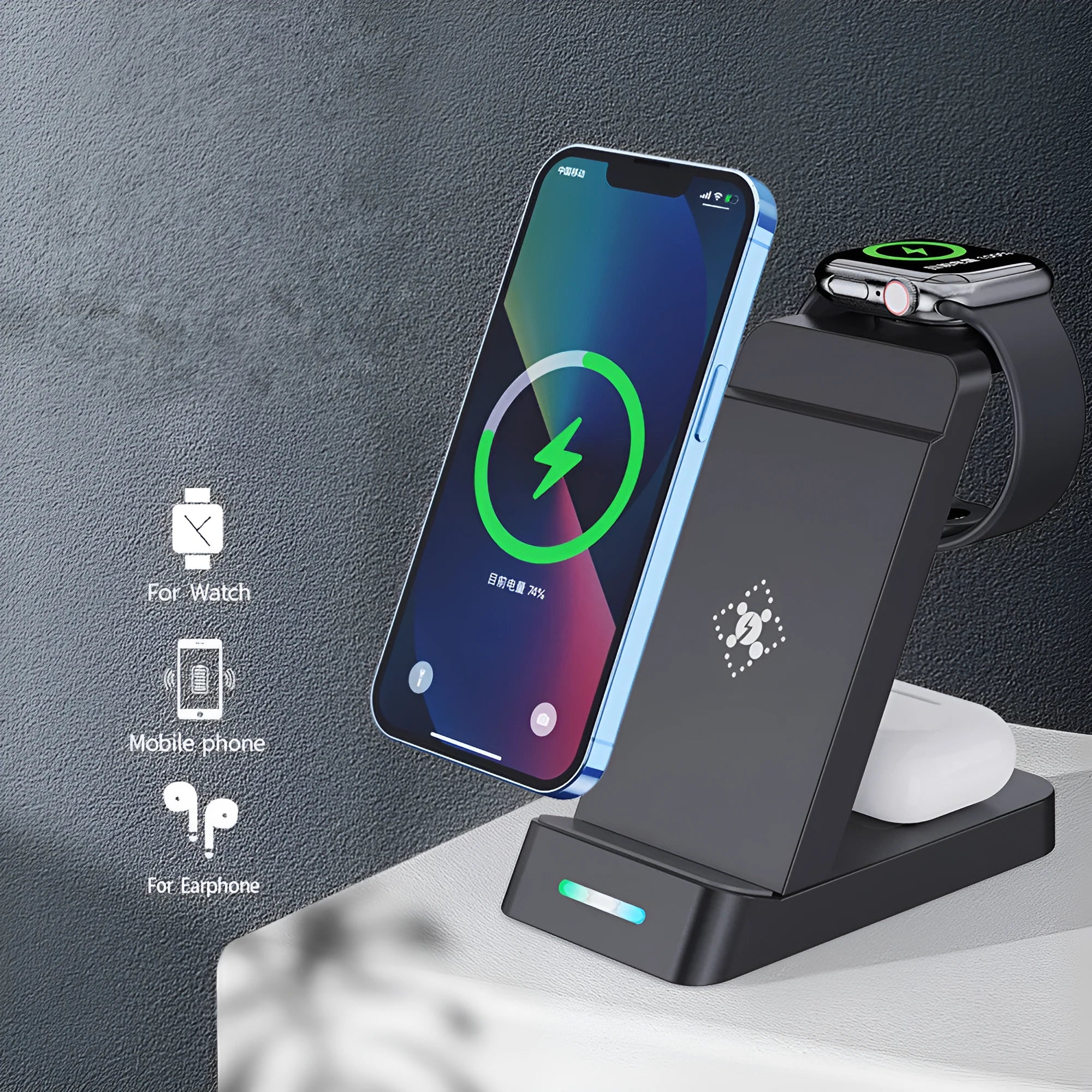 Black and white 3-in-1 wireless charging station for phone, Apple Watch and AirPods on a desk