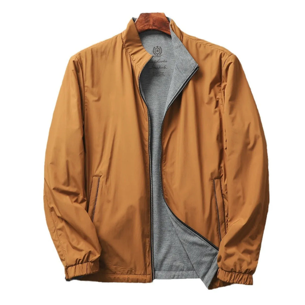 Men's simple stand collar jacket in polyester blend, shown in army green colour.
