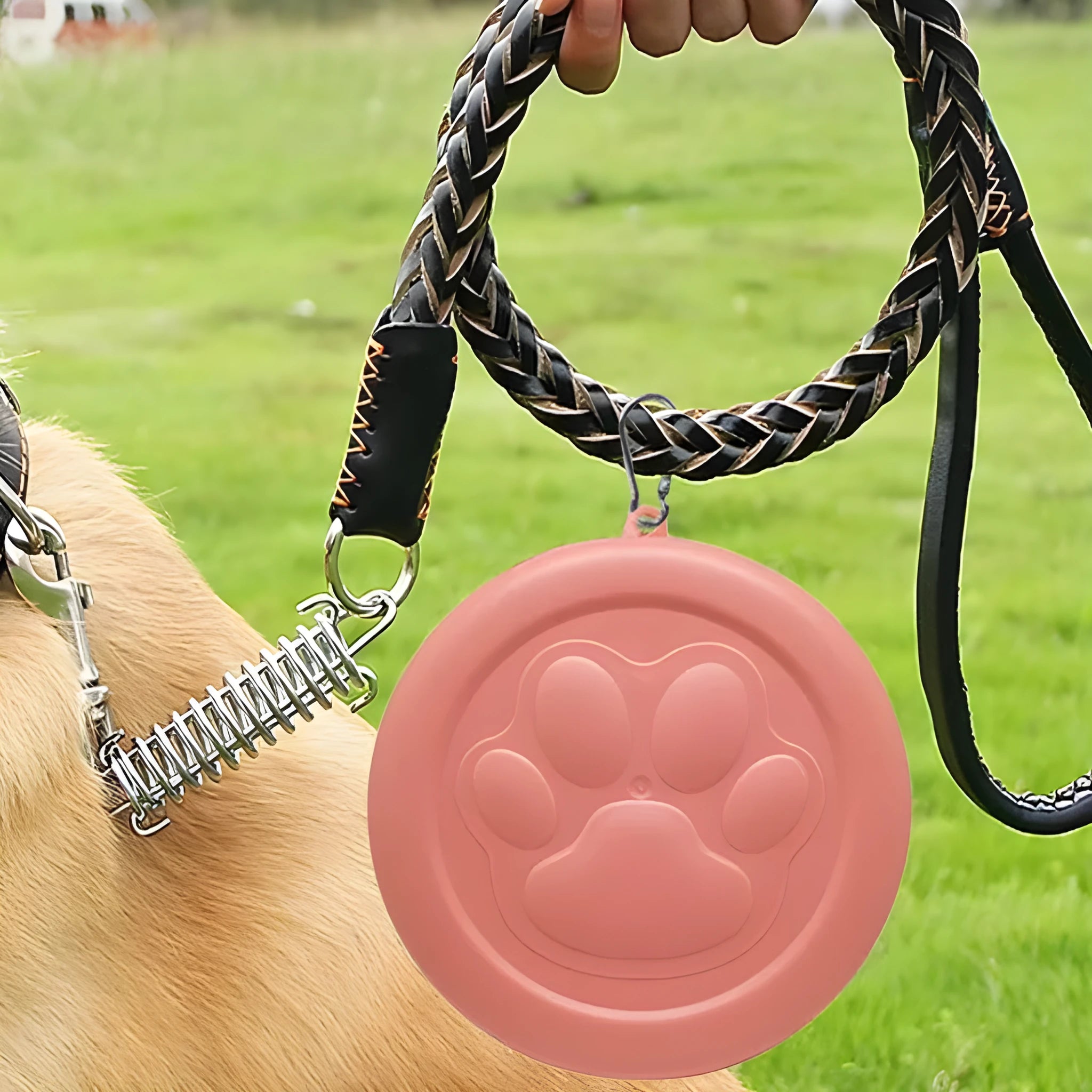 Portable dog feeding bowl with integrated snack box and water compartment, shown in green and pink colour options.