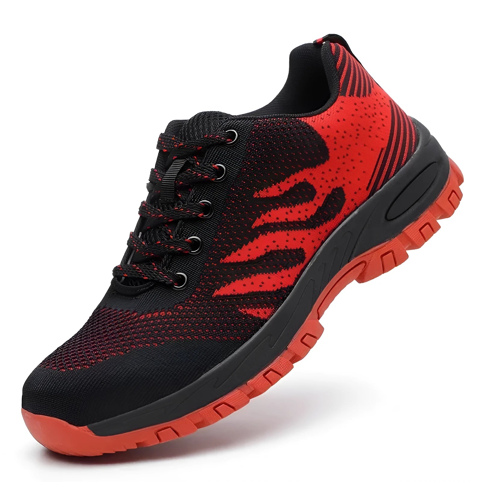Red men's safety shoes with steel toe caps and breathable mesh upper for summer work protection