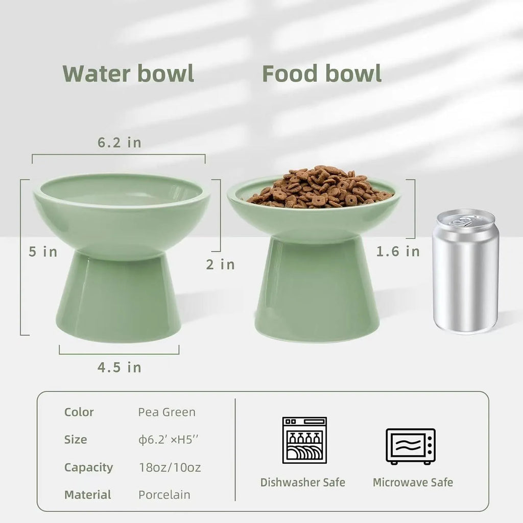 Wide shallow blue elevated ceramic bowl for cat food and water on a floor