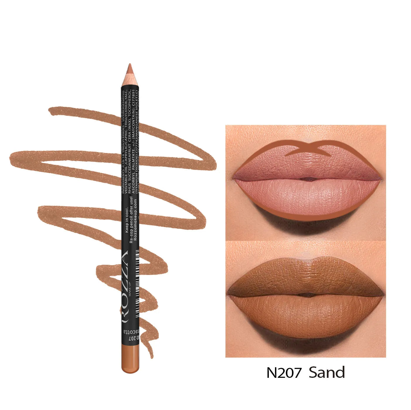 Matte finish lip liner pencil in wood-toned shades with water-resistant 24-hour formula