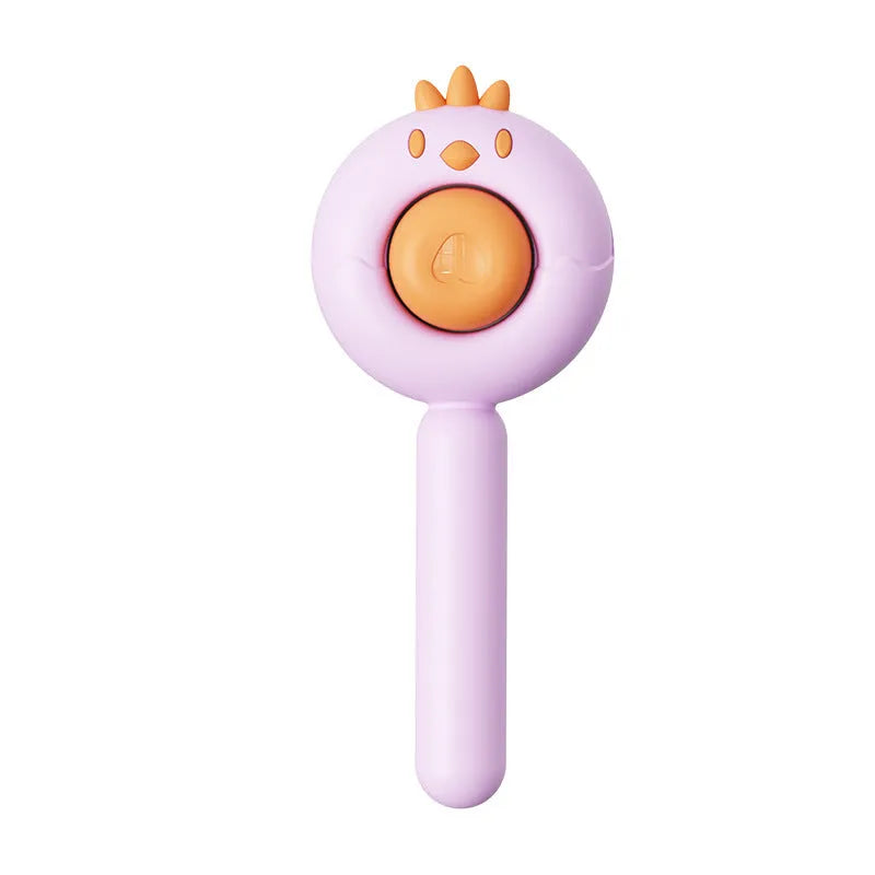 Purple pet grooming brush with stainless steel bristles and a self-cleaning button on a white background.
