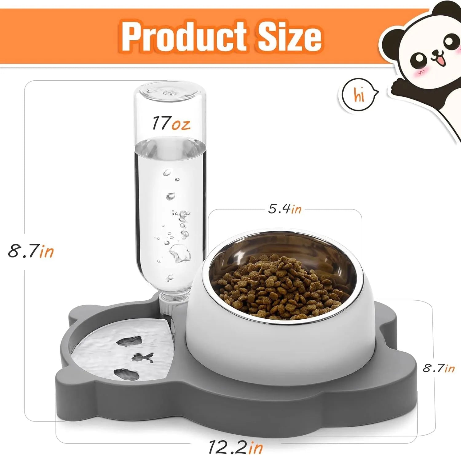 Grey panda-shaped raised pet feeder with tilted food bowl and automatic water bottle