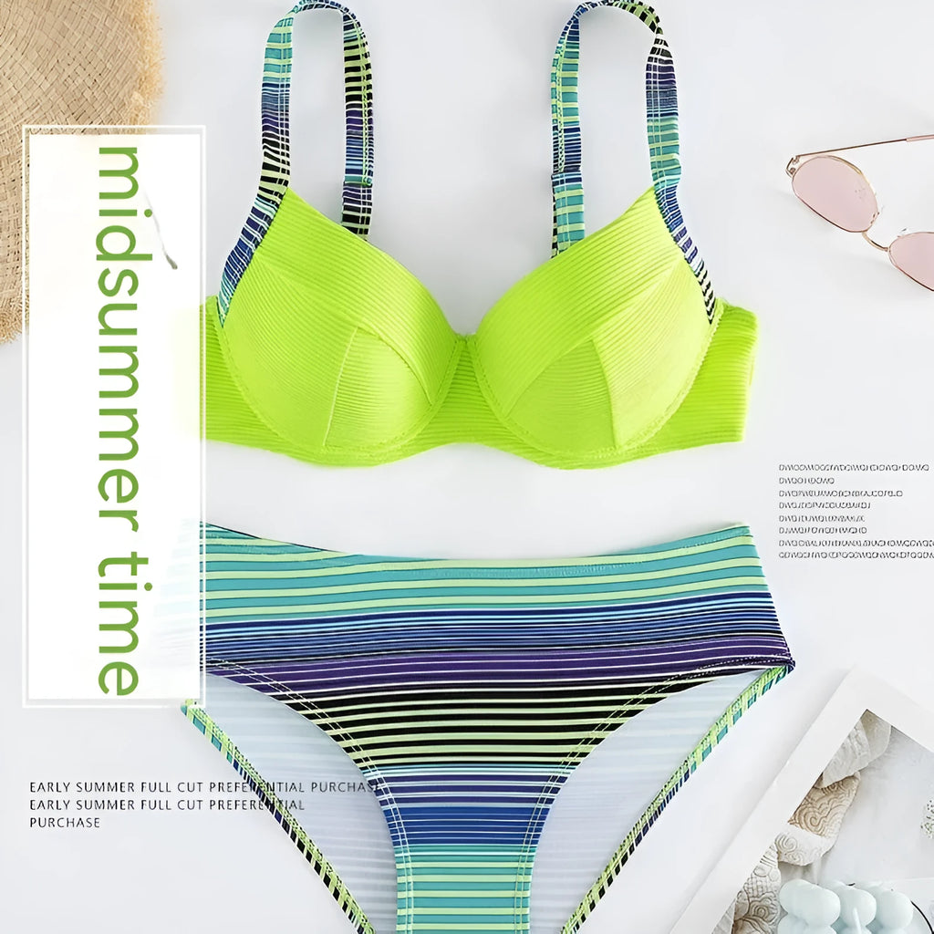 Green printed women's halter bikini with split briefs swimwear set