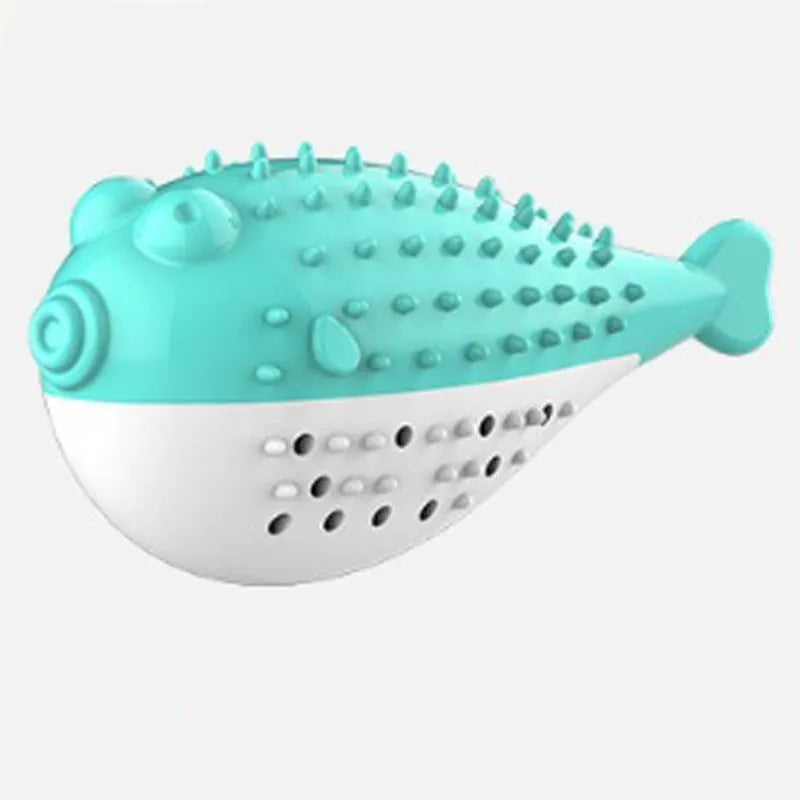 Blue silicone fish-shaped cat chew toy with a protruding grabbing handle on a white background.