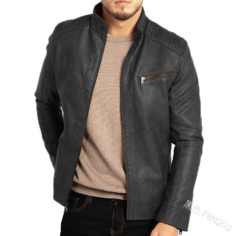 Men's brown artificial leather punk motorcycle jacket with stand collar and patch pockets.